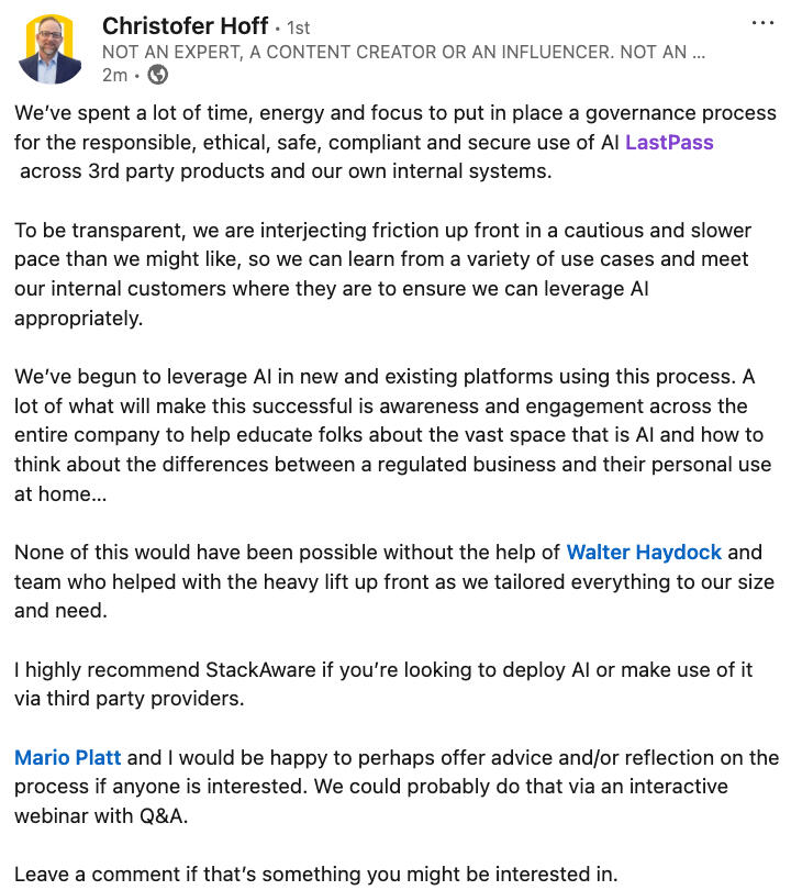 StackAware | Manage cybersecurity, privacy, and compliance risk from AI